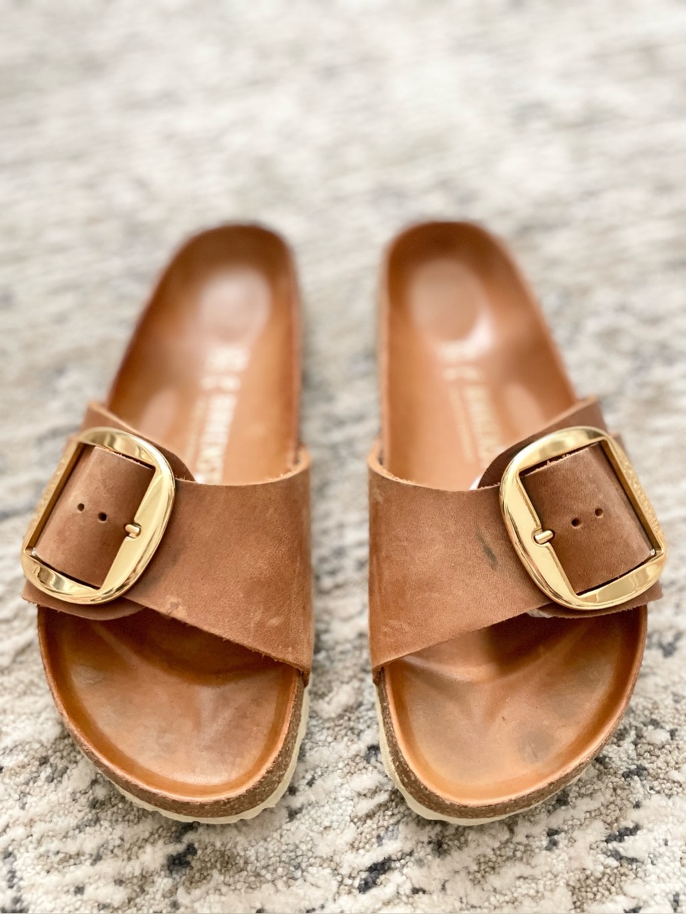 Birkenstock Madrid Big Buckle Brown Cognac 39 Size 8 Gold Slide Sandals - Picture 2 of 6